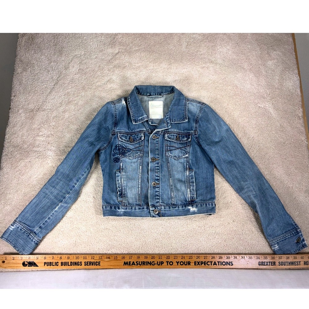 Aeropostale Womens Denim Jacket Large Blue Floral Embroidered Distressed Cropped
